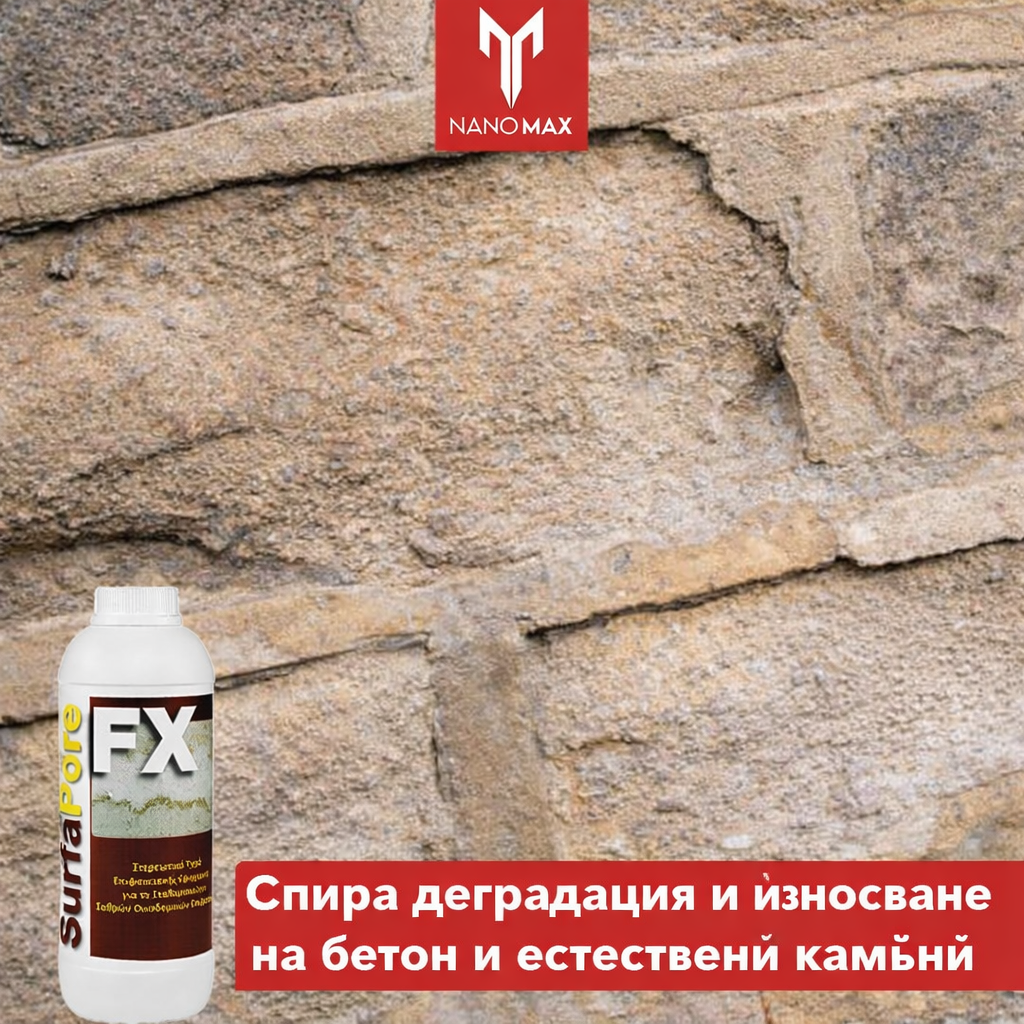 Intăritor beton Nanomax SurfaPore FX WB 1L cu textura de piatră pe fundal.