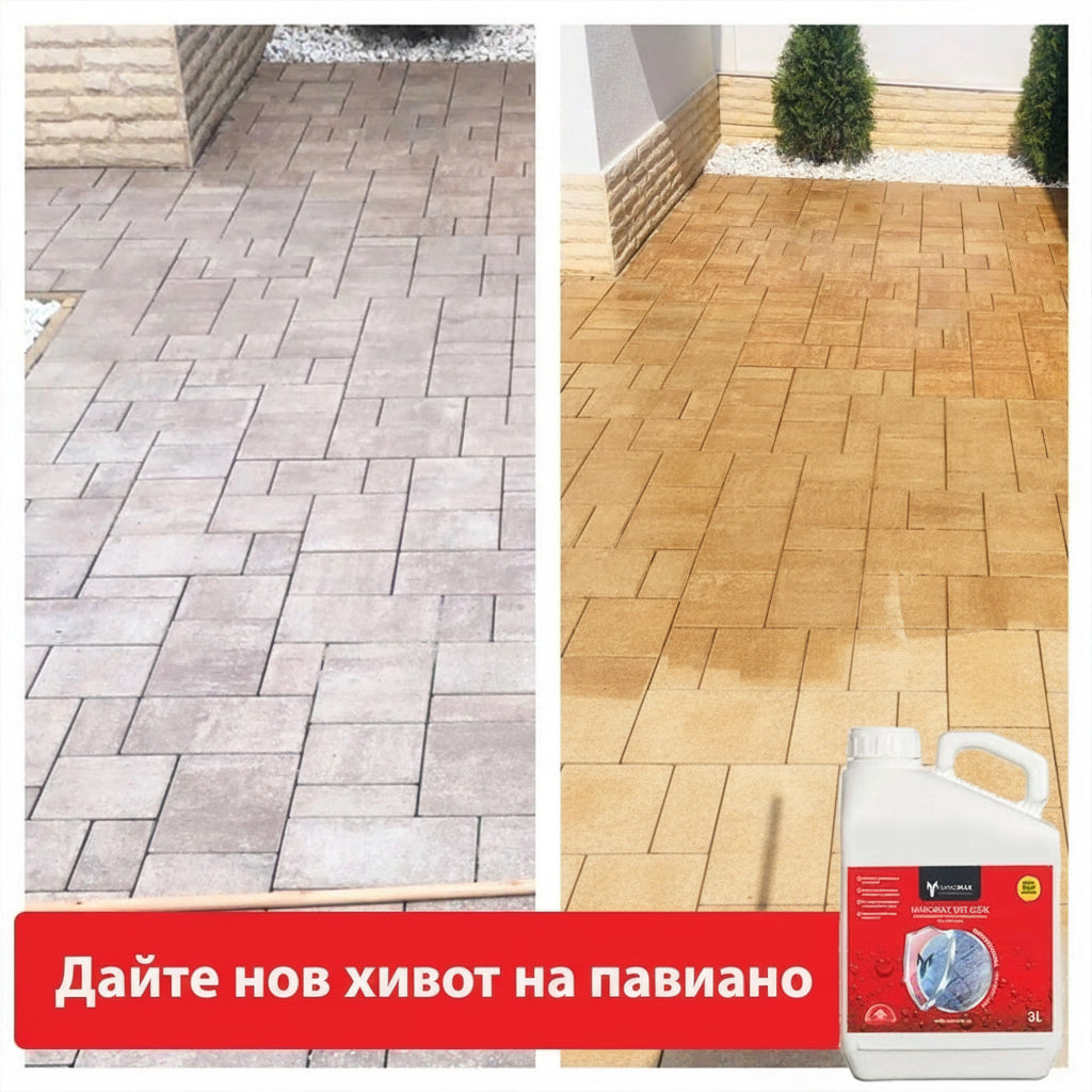 Soluție Nanomax pentru piatră naturală, granit și travertin, efect umed vizibil pe dale în nuanțe de gri și maro.