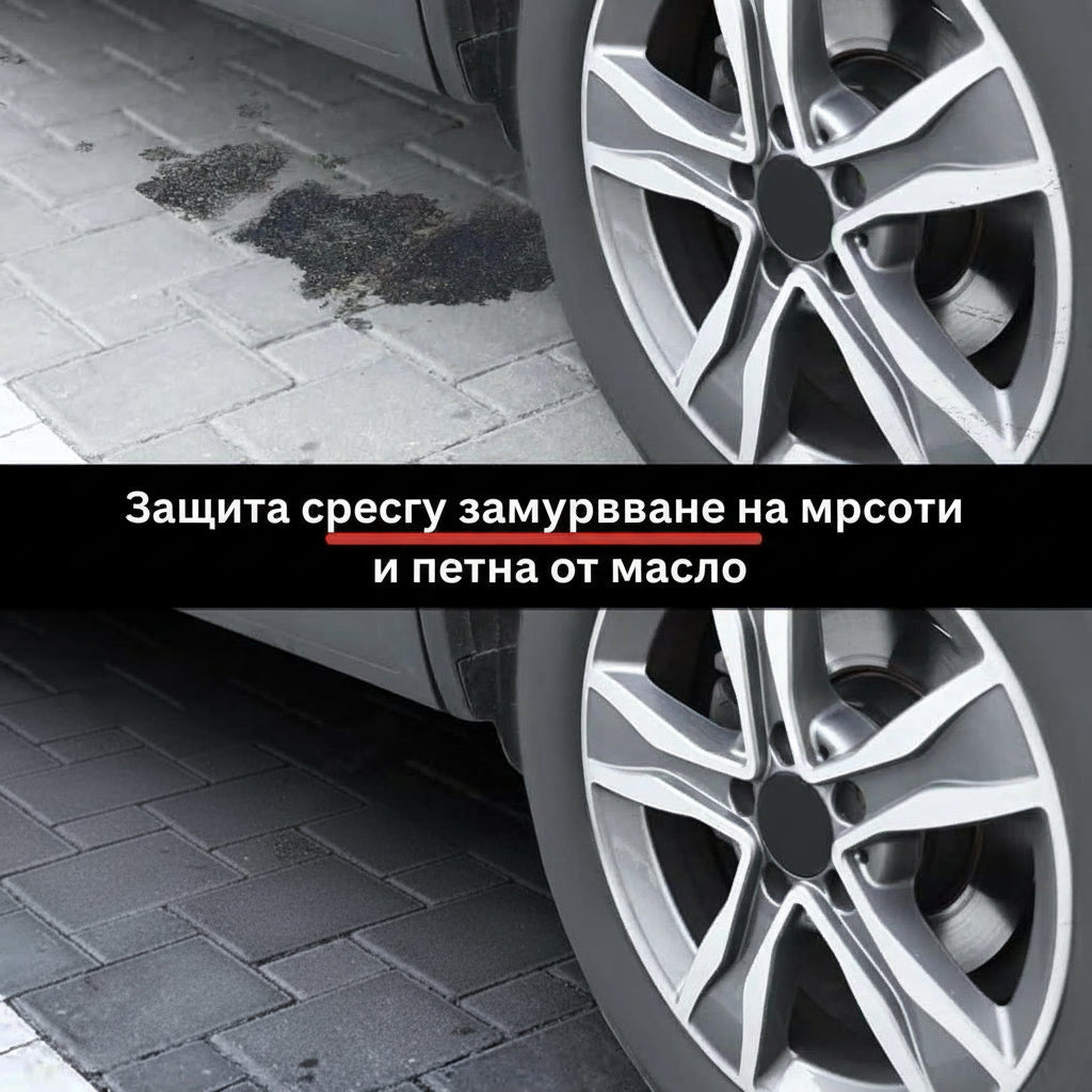Impermeabilizant Nanomax ROCK PRO pe pavaj gri; protecție împotriva petelor de ulei.