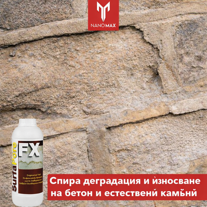 Intăritor beton Nanomax SurfaPore FX WB 1L cu textura de piatră pe fundal.