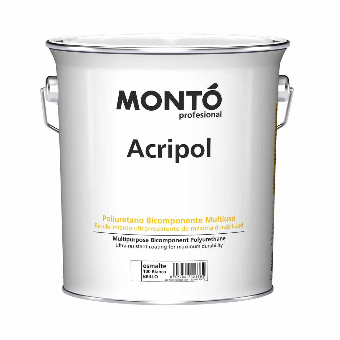 Two-component polyurethane paint for aggressive or industrial environments made of cement, wood, metal, ceramic, SATIN WHITE, Acripol, Monto, 600ml