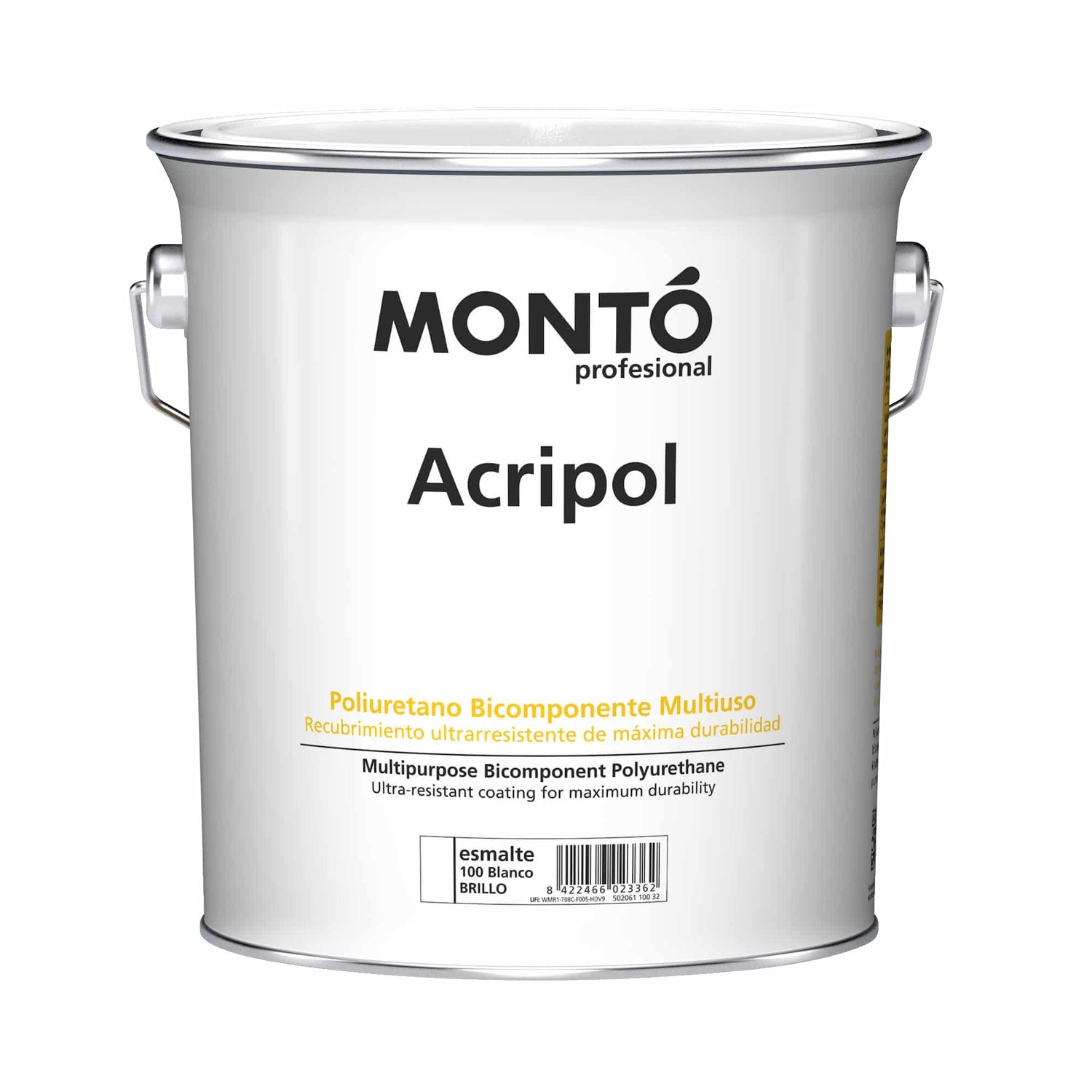 Two-component polyurethane paint for aggressive or industrial environments made of cement, wood, metal, ceramic, SATIN WHITE, Acripol, Monto, 600ml