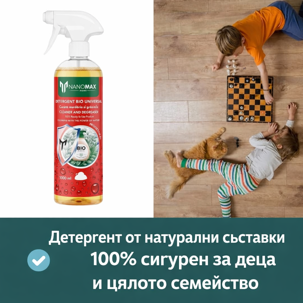 Detaliu sticlă plastic detergent BIO Nanomax 1L, etichetă roșie și pulverizator alb.
