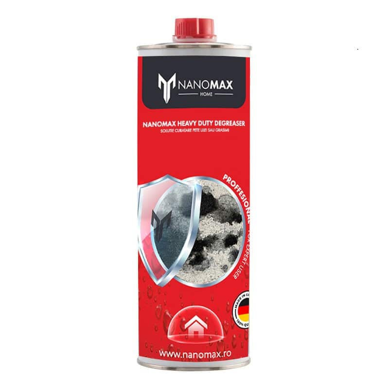 Soluție Nanomax pentru pete ulei pe beton, piatră, 750ml, ambalaj roșu cu sigla și capac roșu.