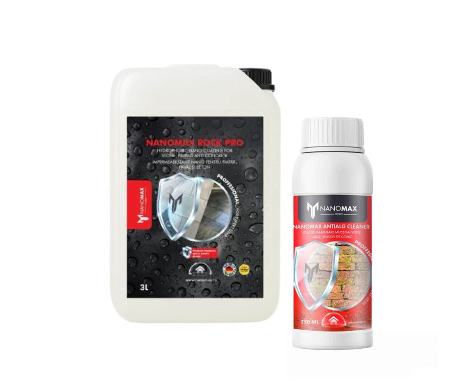 Kit Impermeabilizare + Curățare Mucegai &amp; Alge Pavaj/Piatră NanoMax – ROCK PRO 3L + Antialg 0.75 L