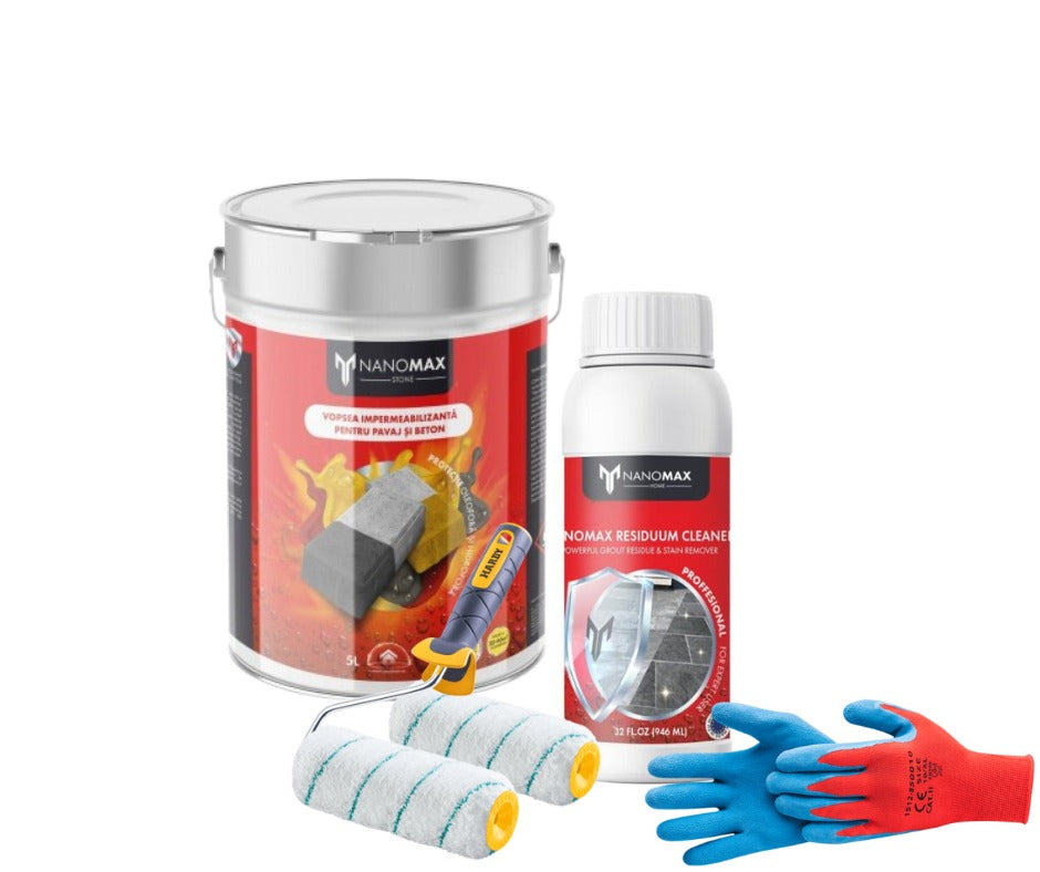 KIT Protectie Sigilant  +Detergent Curățare Pete de Ciment, Mortar – Pavaj, Beton, Gresie, Travertin + Trafalet, Manusi NanoMax